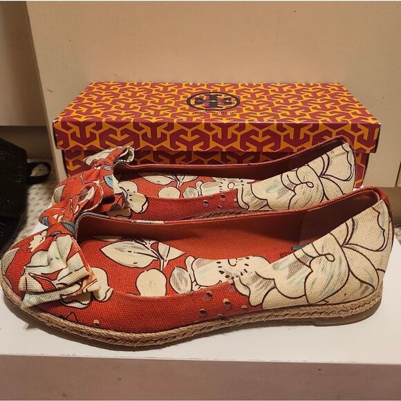 Tory Burch "Tasmin" Floral Print Canvas Jute Sole Flat Espadrilles Sz.7 $218 - Picture 1 of 10